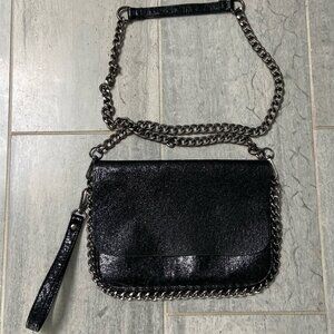 Bari Lynn Faux Leather Chainlink Convertible Crossbody Wristlet Purse Black